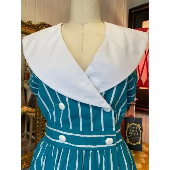 Vintage 1980s teal striped dress sailor collar cotton 80s style large retro 38 - Picture 3 of 9